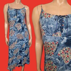 Vintage 90s Midi Slip Dress Womens S Blue Grunge Denim Floral Patchwork Print